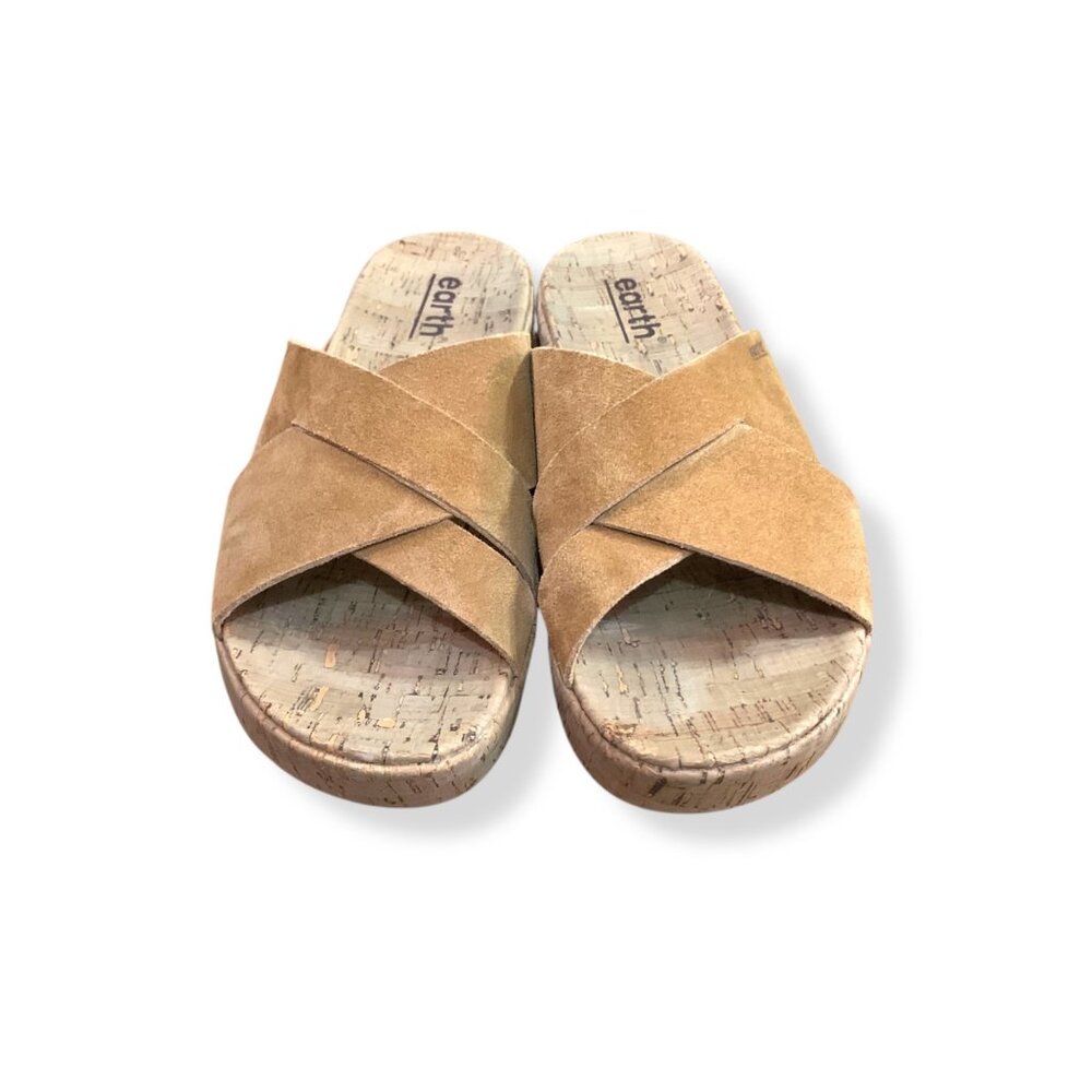Women's Earth Cork Wedge Cross Strap Sandals Sz 8 Tan Suede Slip-On‎ Resort Pool